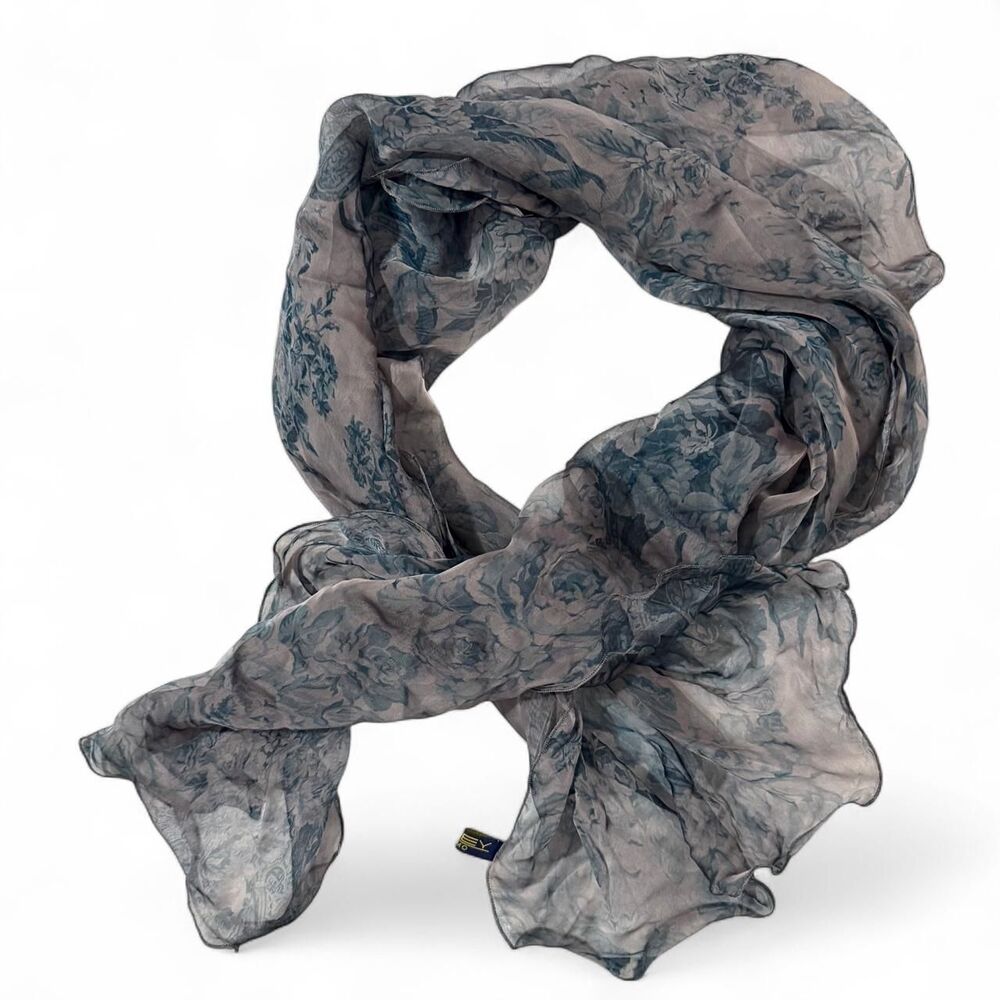 FREY Como Silk scarf from lake como Italy - blue grey floral Luxurious Italian